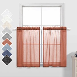 Burnt Orange Red Short Faux Linen Curtains Tiers 36 Inch Length for Kitchen Bathroom Set of 2 Rod Pocket Half Window Light Filtering Semi Transparent Valances Voile Sheer Drape 30x36 Long Terracotta