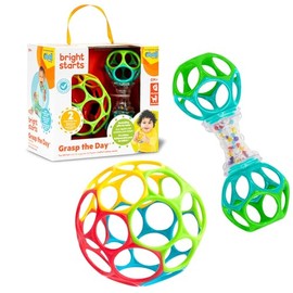 Bright Starts Set de Regalo de Bolas Oball de Fácil Agarre - Agarra el Día, Juguetes de Bola y Sonajero 2-Pack, Libre de BPA, Unisex, Recién Nacido+