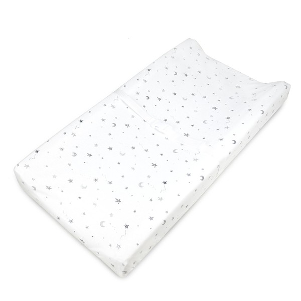 TL Care Printed 100% Natural Cotton Jersey Knit Fitted Contoured Changing Table Pad Cover, Grey Stars and Moon, Soft Breathable, for Boys and Girls