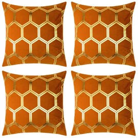 Red Rainbow 4 Pack of Gold Metallic Velvet Cushion Covers Honeycomb Hexagon Design 18 inch 45 x 45 cm Square (Orange)
