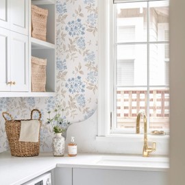 Heroad Boho Floral Wallpaper Blue/Beige Peel and Stick Wallpaper Neutral Leaf Contact Paper Removable Self Adhesive Wall Paper for Cabinet Bedroom Bathroom Waterproof Decor Vinyl Roll 17.3''x78.7''