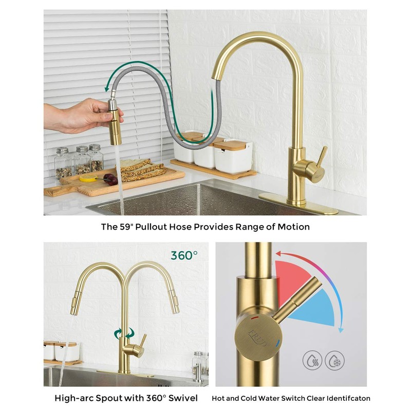 Gold Kitchen Sink Faucet with Pull Down Sprayer, Modern Single
