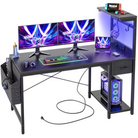 TIQLAB Gaming Desk 47 inch with Power Outlet and LED Light, Computer Desk with Reversible Shelves and Storage Drawer, Small PC Desk for Home Office Table with Bag, Carbon Fiber Black