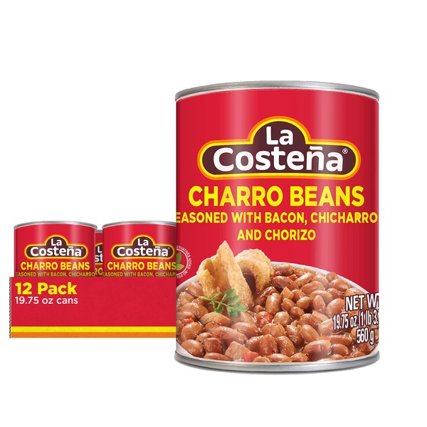 LA Costeña Whole Charro Beans | Pinto Beans with Onion, Garlic, Chorizo, Bacon, Chicharrones, and Tomato | 19.75 Ounce Can (Pack of 12)