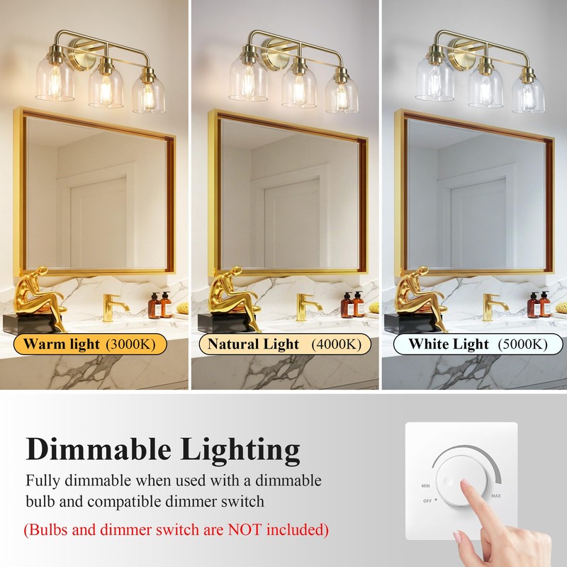 Mecgirn 3 Light Gold Vanity Lights for Bathroom, Bathroom Light