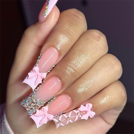 Rhinestones Press on Nails Long Square Fake Nail Pink French Tip False Nails with 3D Bow Charms Designs Full Cover Artificial Stick on Nail Reusable Acrylic Glue on Nail for Women 24 Pcs