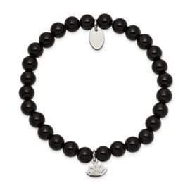 Stainless Steel Lotus Black Agate Beaded Stretch Bracelet (Width = 6mm)