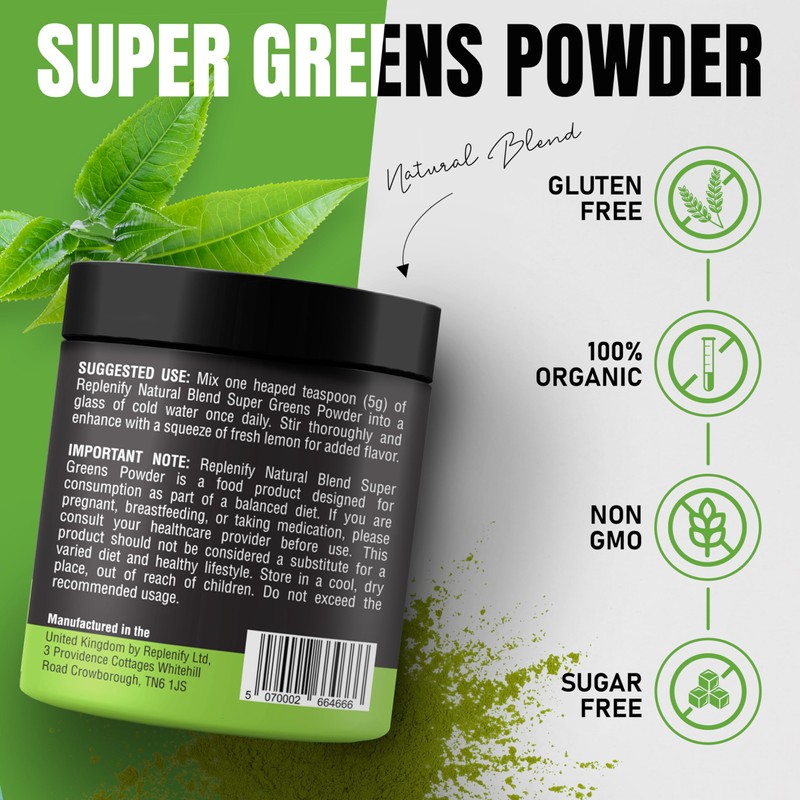 Replenify Natural Blend Super Greens Powder, 30 Servings, 9 superfood