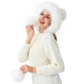 LA CARRIE Women's Faux Fur Hat with 3 Pom Pom for Cold Winter SKI Earflaps(White)
