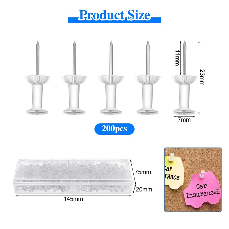 Moendergo 200 PCS Clear Push Pins,Drawing Pins with Clear Storage