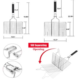 Fish Grilling Basket, Stainless Steel BBQ Grilling Basket, Portable Barbecue Grid, Folding Portable Grill Basket for Fish Vegetables Shrimp with Removable Handle(33.5x22cm), Silver + Black