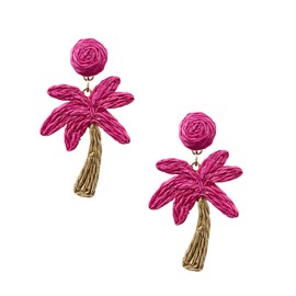 Just Follow Coconut Tree Grass Woven Lafite Grass Earrings for Women Bohemian Summer Leaf Dangle Earrings Lightweight Natural Fiber Jewelry (Hot Pink)