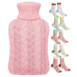 2L Hot Water Bottle with Cover UK & 5 Pairs of Warm Comfy Wool Socks - Natural Rubber 2 Litre Hot Water Bottle Inc x5 Pairs Ladies Winter Socks Size UK 4-7 (Cream Bottle with Pink Cover) (0063)