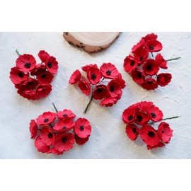 Thai Decorated 50 Pcs Red Poppy Paper Flowers Size 3 cm, Mulberry Paper Flower, Red Paper Flowers, Mini Paper Flowers, DIY Veterans Day, Artificial Poppy Paper Flowers with Stem Long 8 cm.