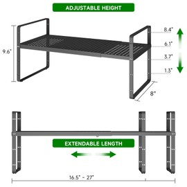 Expandable Kitchen Cabinet Shelf Organizer Rack Heavy Duty Metal Spice Rack Stackable Kitchen Counter Storage Shelf for Kitchen Cabinet Pantry Bathroom (Black - 16.5"-27" L x 8" W x 9.6" H - 2Pack)