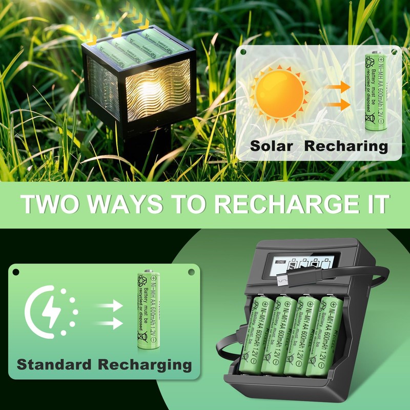 RICEEL Rechargeable AA Batteries for Solar Lights NIMH 600mAh 1.2V