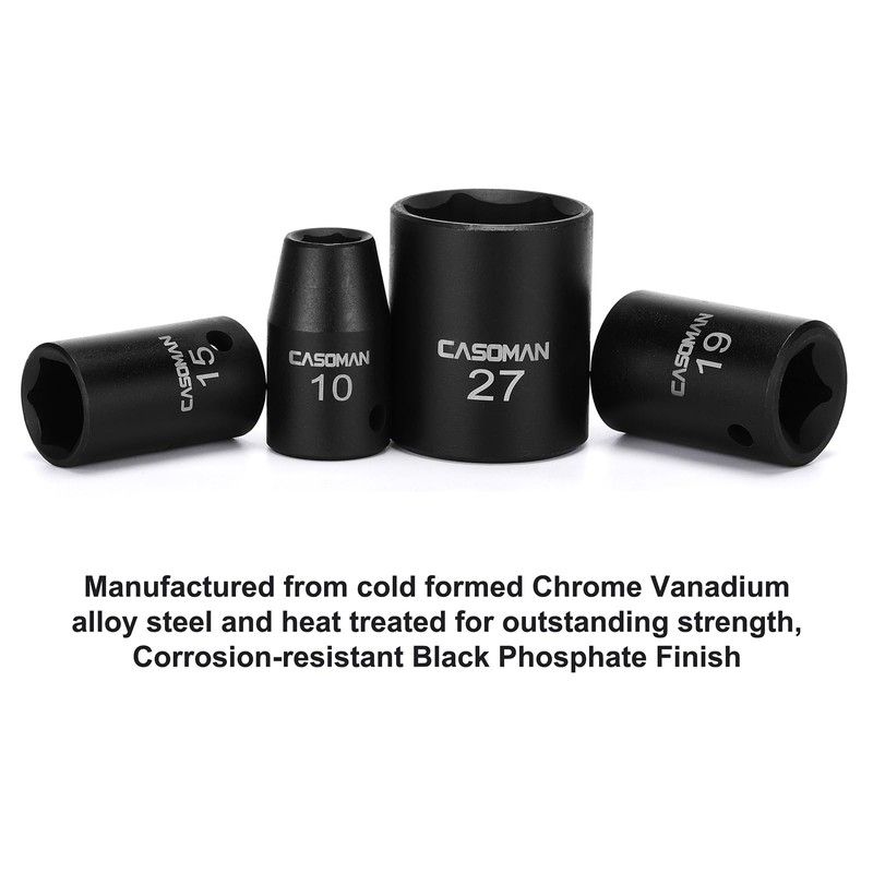 CASOMAN 1/2-Inch Drive Shallow Impact Socket Set, Metric, 10mm-32mm, CR-V,
