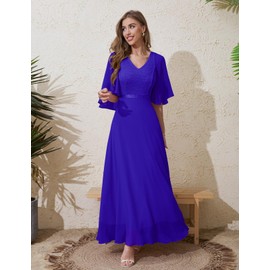 DRESSTELLS Royal Blue Dresses for Women V-Neck Mother of The Bride Dresses for Wedding Long Prom Party Formal Dress RoyalBlue L