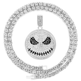 HH BLING EMPIRE 14k Gold Silver Plated Hip Hop Rapper Pendant Chain Necklace for Men, Iced Out Diamond Skull Crown Pendant with 4mm Rope Chains 24 Inch (skull-Silver,& Rope)