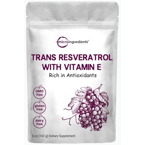 Pure Trans-Resveratrol Powder with Natural Vitamin E, 5 Ounce, 2 in 1 Formula, Micronized Powder for Better Absorption, Premium Resveratrol Supplement, Super Antioxidant, Vegan Friendly