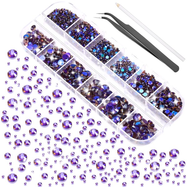 2000 Pieces Flat Back Gems Rhinestones 6 Sizes (1.5-6 Mm) Round Crystal Rhinestones with Pick up Tweezer and Rhinestones Picking Pen for Crafts Nail Clothes Shoes Bags DIY Art (Purple Polar Light)