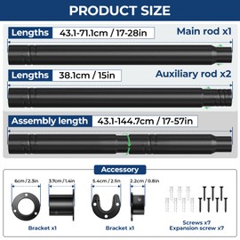 Mavivegue Closet Rods for Hanging Clothes,17 to 57 Inches Stepless Adjustable Metal Closet Rod, Heavy Duty Tension Rod, Extra Long Tension Rod, Adjustable Curtain Rod, for Closet, Black