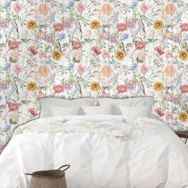 HLNIUC Flower Wall Stickers,Watercolor Floral Wallpaper Self Adhesive(44x300cm) Girls Bedroom Wallpaper Flower Botanical Wall Paper,Peel and Stick Wall Paper Boho Floral Stikers For Living Room