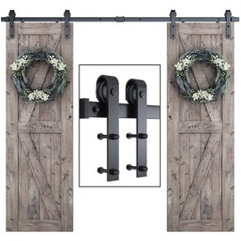 SMARTSTANDARD 12 Feet Heavy Duty Double Sliding Barn Door Hardware Kit-Smoothly and Quietly-Includes Detailed Installation Fit 36" Wide Doorpanel (J Shape Hanger) Black