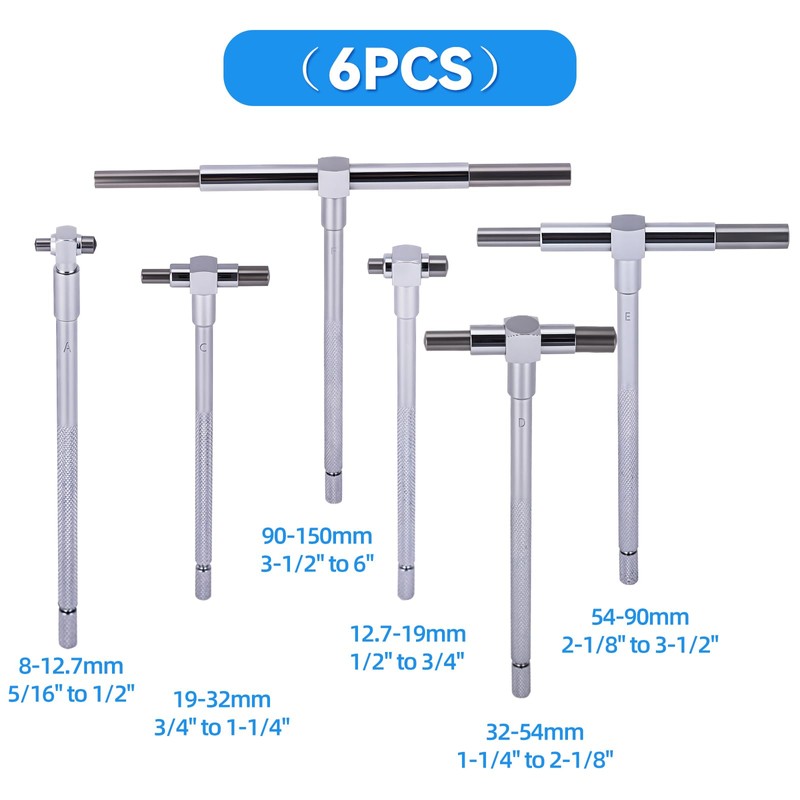 Ciltlurk 6Pcs T Bore Hole Gauges Set Bulk, 5/16" -