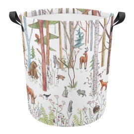 Woodland Animals Laundry Basket,Collapsible Clothes Hamper Waterproof Forest Fox Bear Deer Storage Basket with Handle Kids Room Jungle Deer Laundry Hamper with Drawstring