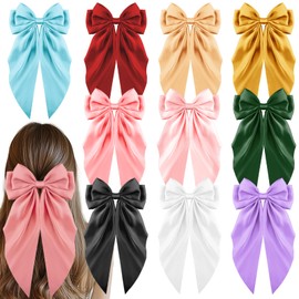 TUBIAN 10Pcs Big Satin Hair Bows for Women Girls Large Bow Hair Clips Long Tail Oversized Hair Ribbons Bowknot Barrettes for Thick & Thin Hair, Stylish Hair Accessories