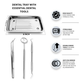 Dental Examination Tool Set, Stainless Steel Tweezer, Mirror, Scaler Probe with Tray (3 SETS 9 Mirrors, 9 Tweezers, 9 Probes + 1 Tray)