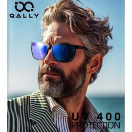 QALLY Carbon Fiber Polarized Sunglasses for Men Trendy Driving Sunglasses Shady Sun Glasses with UV Protection, Black Frame/Dark Blue Lens