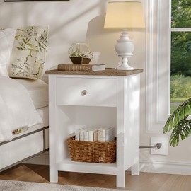 ChooChoo Farmhouse Nightstand with Charging Station, Wooden Top Bedside End Table with Drawer and Storage Space for Bedroom, White