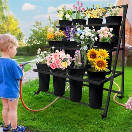 PROLEE Flower Display Stand with 12 Buckets, Flower Cart 3 Layers, Flower Stand Metal with Wheels, Moving Florist Bouquet Shelf, Triangular Rack Black