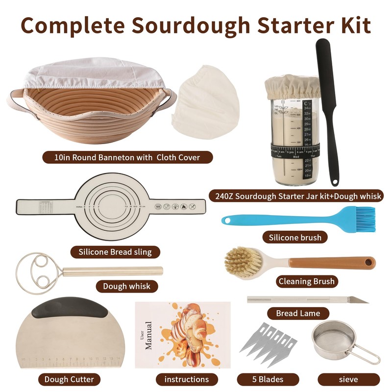 Complete Sourdough Starter Kit with Banneton Proofing Basket & Dough