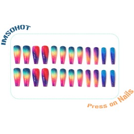 IMSOHOT Long Press on Nails Colorful Coffin Fake Nails Rainbow Ombre Glossy Glue on Nails Full Cover Cute Ballerina Acrylic False Nails for Women 24Pcs Stick on Nails