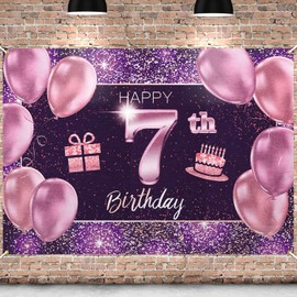 PAKBOOM Happy 7th Birthday Banner Backdrop - 7 Birthday Party Decorations Supplies for Girl - Pink Purple Gold 4 x 6ft