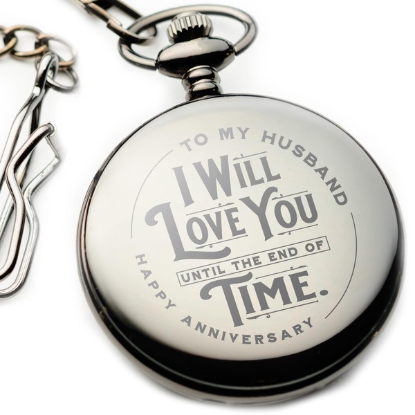 Engraved Wedding Anniversary Pocket Watch with Chain for Husband, a Classy Gift Set for Him with Elegant Gift Box, 1 Year Anniversary Gift Clock