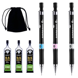 6 PCS Mechanical Pencil Set, 3 PCS HB Mechanical Pencils 0.5mm, 3 Cases Pencil Lead Refills 0.5 with Black Velvet Bag Automatic Pencil Set for Writing, Drawing, Signature
