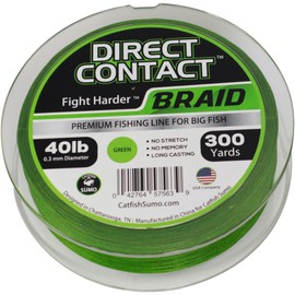 Direct Contact Premium Braided Fishing Line for Big Fish - No Stretch - No Memory - Long Casting, 300 Yard Spool with Abrasion Reistant Treatment (40lb, Sumo Green)