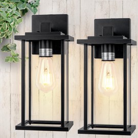 LuxiGlowra 2-Pack Black Outdoor Wall Light Fixtures, Exterior Wall Lamp with Clear Glass, Waterproof Exterior Sconce Light Fixture, Modern Outside Wall Lights for Porch, Wall Mounted Lantern E26 Base