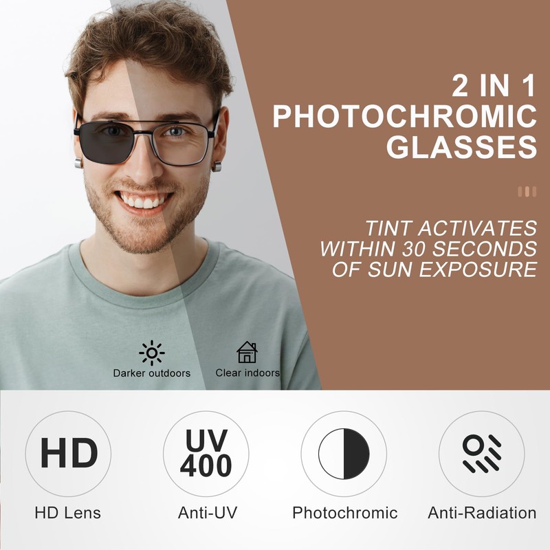 OuShiun Photochromic Progressive Reading Glasses for Men, No-Line Multifocal Readers