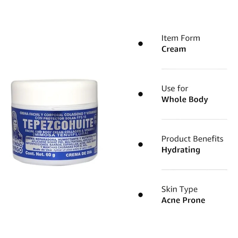 Crema Tepezcohuite Indio Papago Día Hipoalergénica Sin Parabenos FPS15 60g