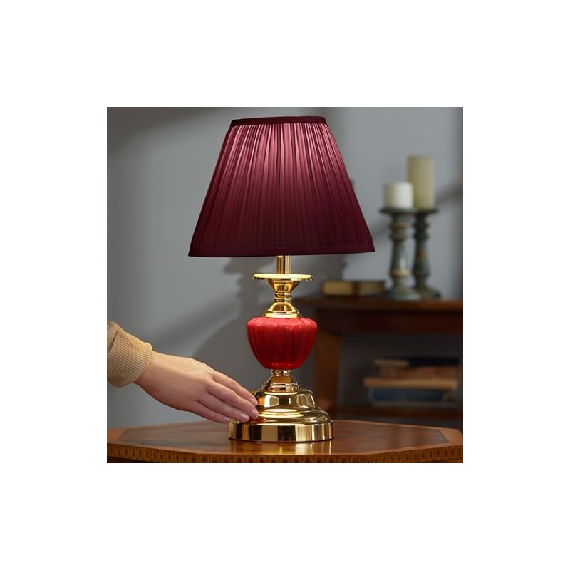 OK Lighting Touch Table Lamp Base Metal,Linen,Porcelain Burgundy