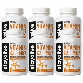 Stayalive Vitamin K2 MK7 55mg High Absorbency 120 Capsules Non-GMO and Gluten Free Vitamin K2 MK7 Supplement for Bone Health, 6 Count, 120 Tablets / Stayalive 비타민 K2 MK7 55mg 고흡수성 뼈 건강을 위한 120캡슐 비-유전자 변형 및 글루텐 프리 비타민 K2 MK7 보충제, 6개, 120정