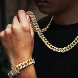 Halukakah Men's Gold Cuban Link Chain, 13MM Iced Out Miami Style, 18K Real Gold Plated Necklace 30", Full CZ Diamond Cut Prong Set, Comes with Gift Box