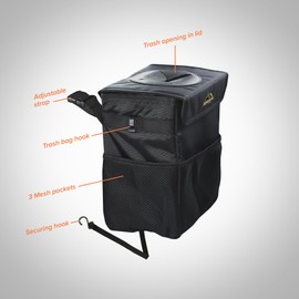 Armor All Car Trash Can & Organizer, 2.63 Gallon Waterproof Covered Garbage Bin, 3 Mesh Pockets, Collapsible for Easy Storage, Adjustable Strap & Hook for Backseat Hanging, 9.5” L x 6.25” D x 10.25” H