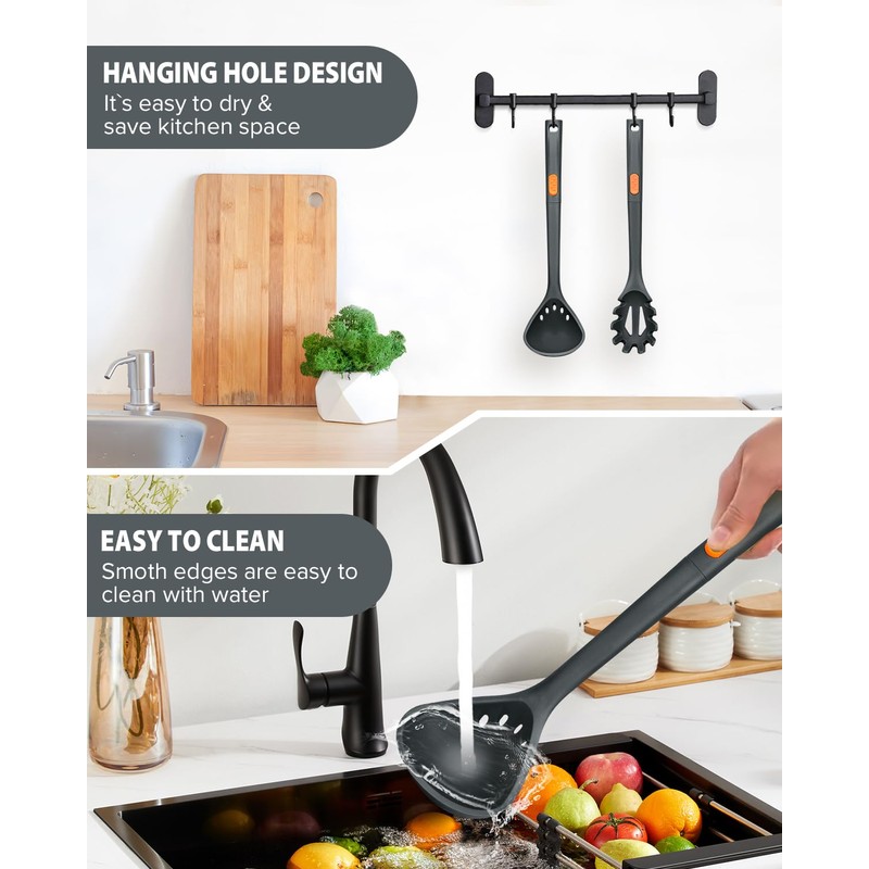 Silicone Pasta Fork and Ladle Spoon Set, Large Non Stick