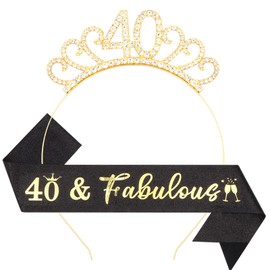 Dimetey 40th Birthday Sash and Tiara Set, Black and Gold, Rhinestone Crown with '40 & Fabulous' Glitter Sash, 2 Piece